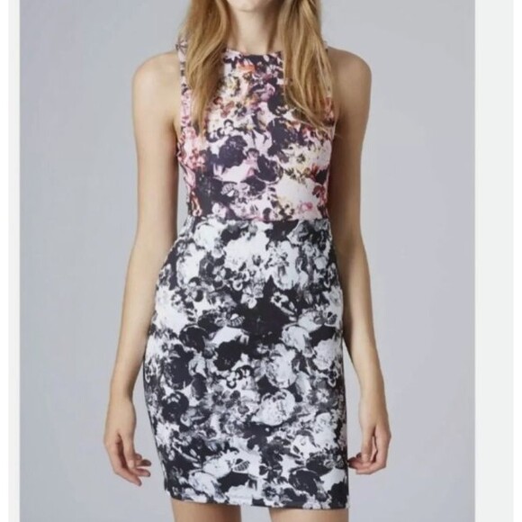 Topshop Sleeveless Scuba Bodycon Dress-Size 6-Photo Realistic Floral-Stretch - Picture 1 of 8
